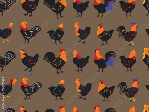 Cute sketch chicken, hen, rooster seamless pattern hand drawn vector illustration background. Design for greeting cards,wallpaper, textile and banner.