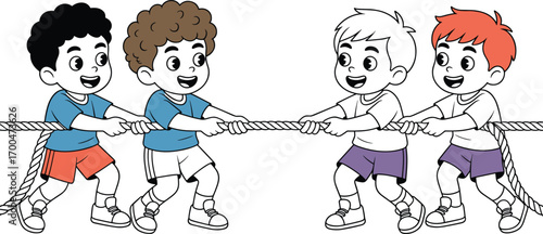 Group of children playing tug of war, outdoor game, teamwork, kids pulling rope, friendship, sports activity, fun competition, vector illustration.