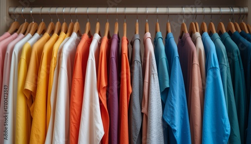 Wallpaper Mural Assortment of colorful casual t shirts hanging on wooden hangers in a row displaying vibrant Torontodigital.ca