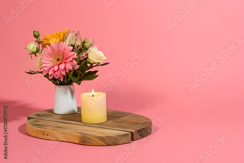 Pink Gerbera Daisies, Lit Candle, Wooden Tray