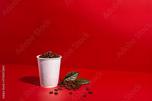 Roasted Coffee Beans in Cup on Vibrant Red Background