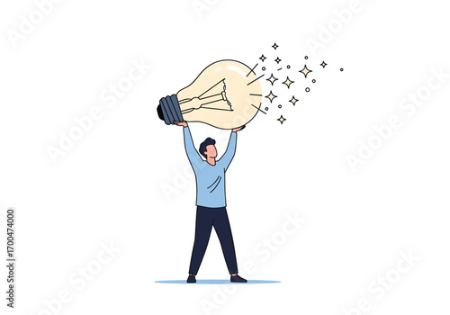A person holds up a glowing light bulb with sparks and stars emanating from it illustrating the birth of a new idea