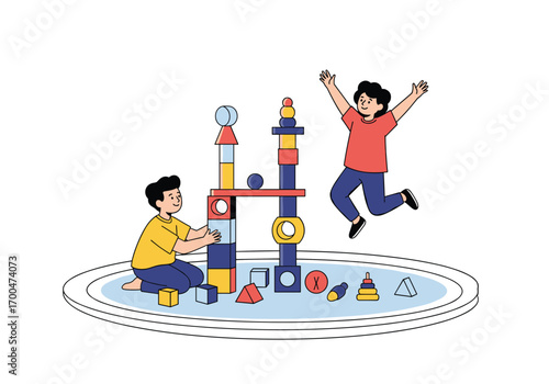 Two happy children playing and building with colorful blocks together outdoors