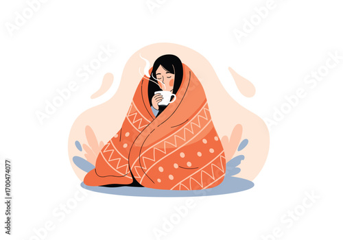 Woman wrapped in blanket holding warm cup feeling cozy and ill
