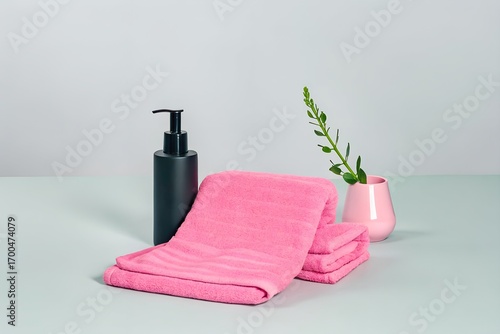  Spa Essentials: Pink Towels, Black Pump Bottle, Minimalist Design