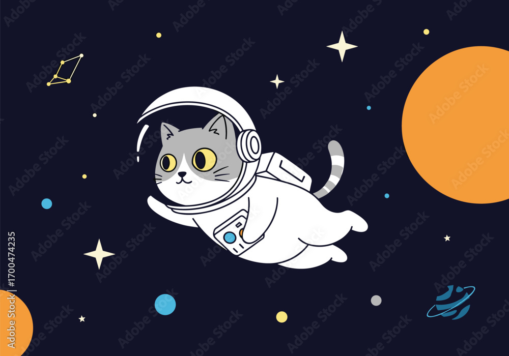 Fototapeta premium Cute fluffy cat astronaut floats through the starry cosmos discovering new planets