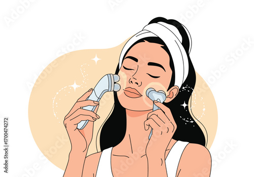 Woman applying facial roller for skin care routine glowing complexion and relaxation