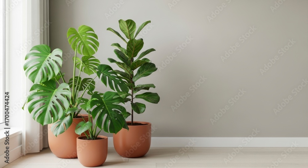 Obraz premium Lush Monstera and Fiddle Leaf Fig plants in terracotta pots, creating a modern indoor oasis.