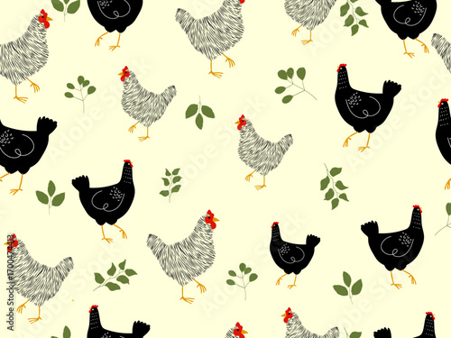 Cute sketch chicken, hen, rooster seamless pattern hand drawn vector illustration background. Design for greeting cards,wallpaper, textile and banner.