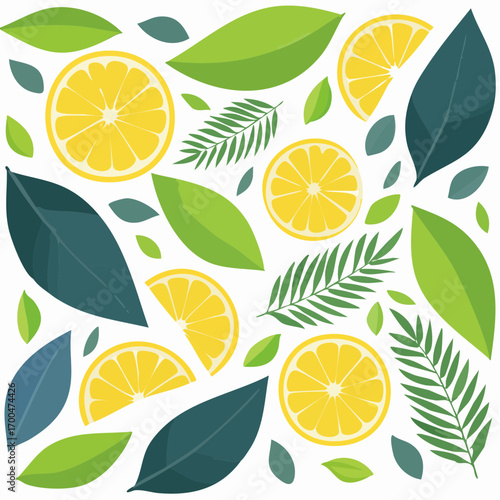 Lemon Slices and Green Leaves Pattern on White Background