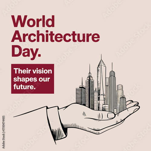 Vector art of hand holding a miniature cityscape, symbolizing the power of architecture to shape our future on world architecture day