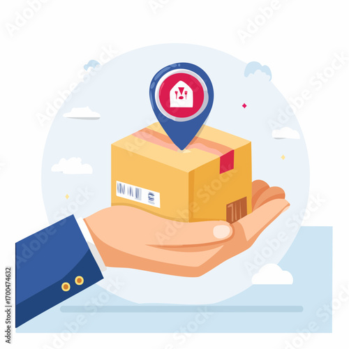 Hand Holding Cardboard Box With Location Pin Icon