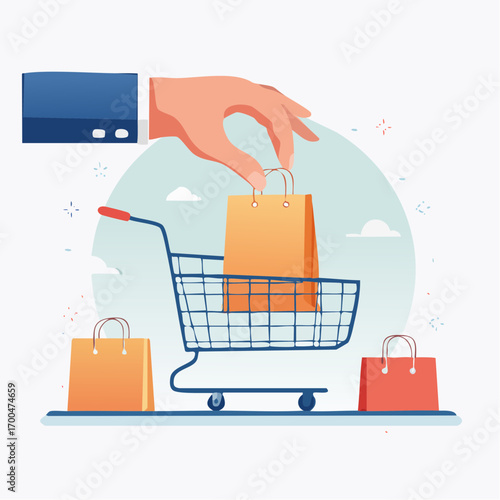 Hand Placing Shopping Bag In Cart With Other Bags and Blue Background