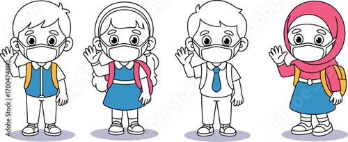 Group of diverse school children wearing face masks, waving hello, back to school safely, pandemic precaution, health safety concept.