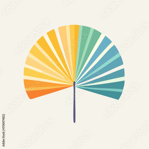 Gradient Color Hand Fan With Violet Handle On Pale Yellow Backdrop