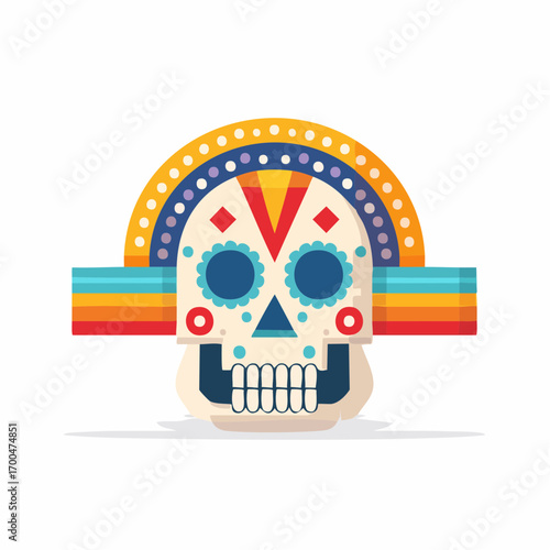 Decorative Sugar Skull with Colorful Headband on White Background