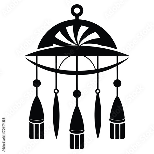 Black Silhouette of a Decorative Hanging Mobile Featuring Geometric Shapes and Dangle Charms