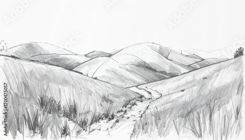 Rolling hills with winding dirt road view. Peaceful hills and dirt road in nature. Quiet path through rolling green hills. Nature scene of rolling hills and path. Tranquil hills with a rural dirt road