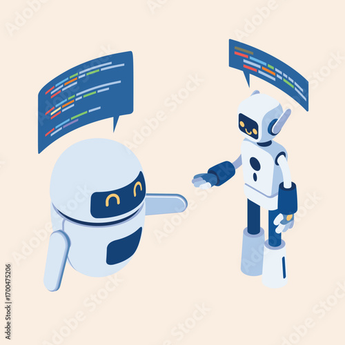 Futuristic artificial intelligence concept with two cute robots communicating and sharing programming code in a digital chat