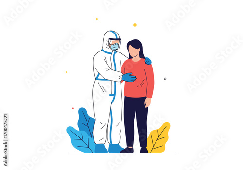 Caring healthcare professional in protective suit comforts a worried woman