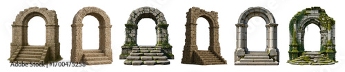 Stone archways set including ancient, ruined, and moss-covered variants with steps isolated. Architectural elements for design and fantasy.