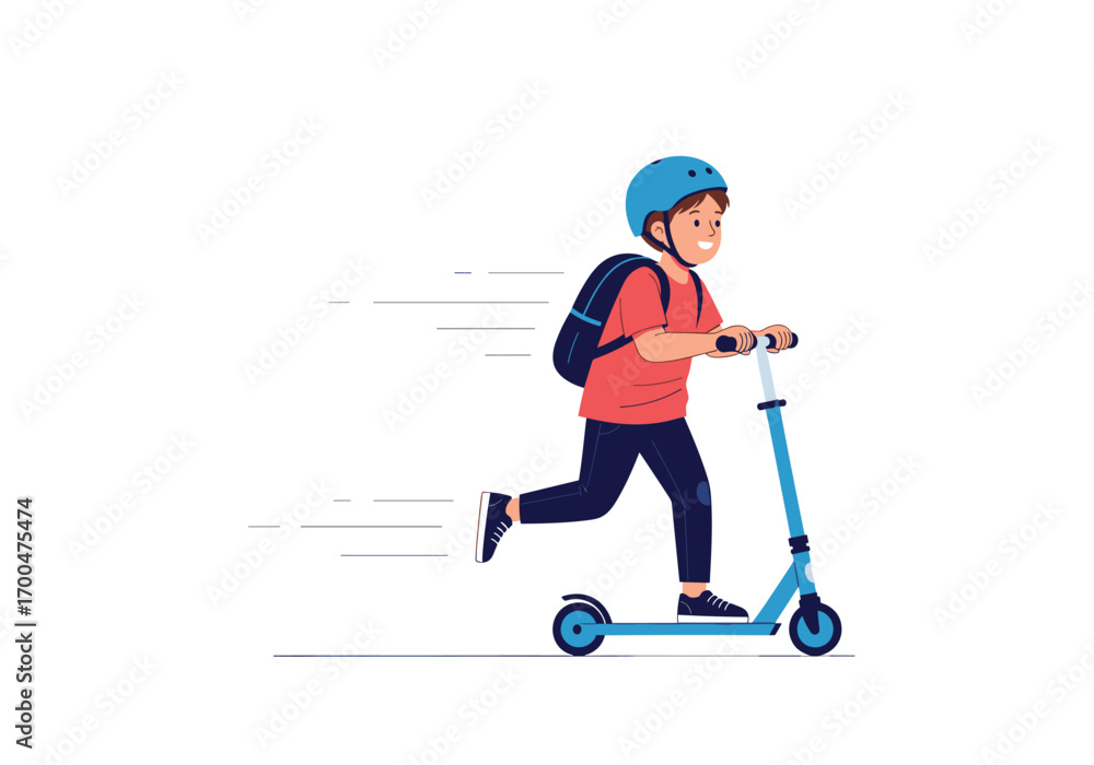 Obraz premium A young boy wearing a helmet and backpack rides his scooter with speed and a smile on his face