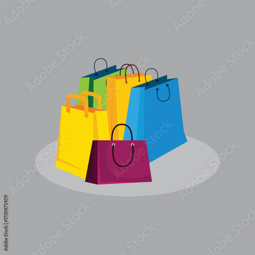 Paper shopping bag set. Isolated blank bags with handle icons. Retail sale, gift package vector illustration