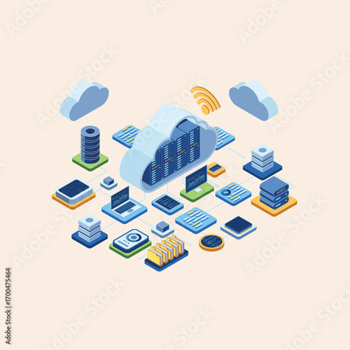Isometric vector illustration representing cloud technology, data networking, and server hosting services for modern business