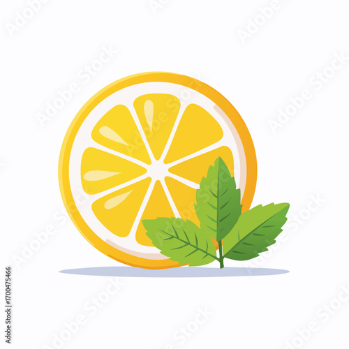 Lemon Slice with Mint Leaves on White Background