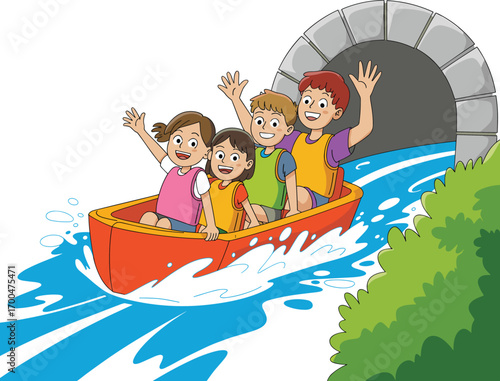 Group of happy kids enjoying water ride, children screaming with joy, fun amusement park activity, summer adventure, cartoon rafting illustration