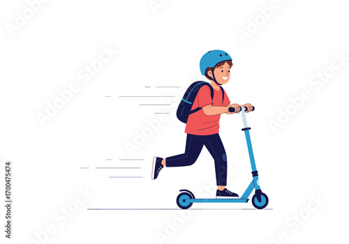 A young boy wearing a helmet and backpack rides his scooter with speed and a smile on his face