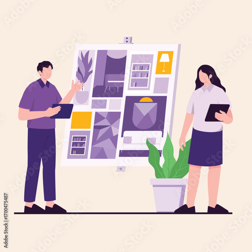 Creative design team collaborating on a new interior project, discussing ideas while looking at a mood board presentation