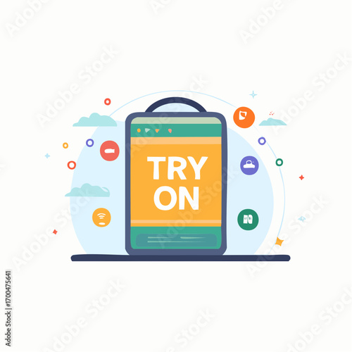 Try On App on Mobile Phone with Playful Icons and Clouds