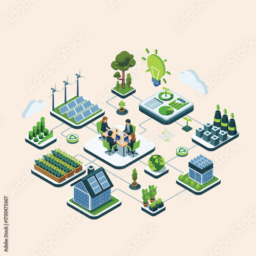 Isometric illustration showcasing a green energy network with solar panels, wind turbines, and sustainable business planning
