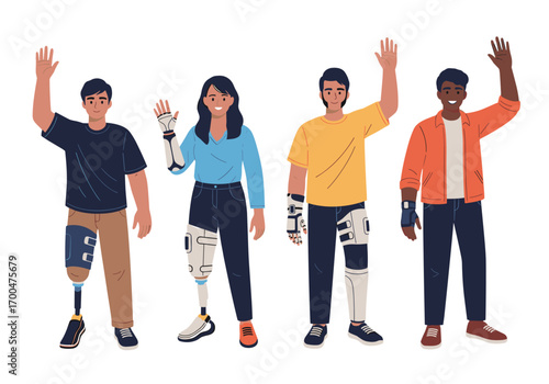 Diverse group of people with prosthetic limbs waving hello and smiling