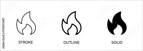 Flame icon for hot, stove, fire, flammable. Vector stroke, outline and solid icons. Eps10 file.