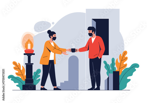 Two people exchanging a cup of coffee while wearing masks outdoors near a decorative lamp and plants