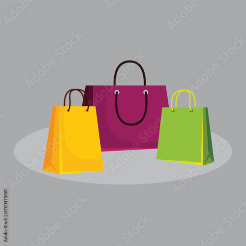 Paper shopping bag set. Isolated blank bags with handle icons. Retail sale, gift package vector illustration