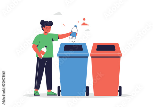 Person placing plastic bottle in blue recycling bin with orange bin nearby illustrating waste management and environmental responsibility