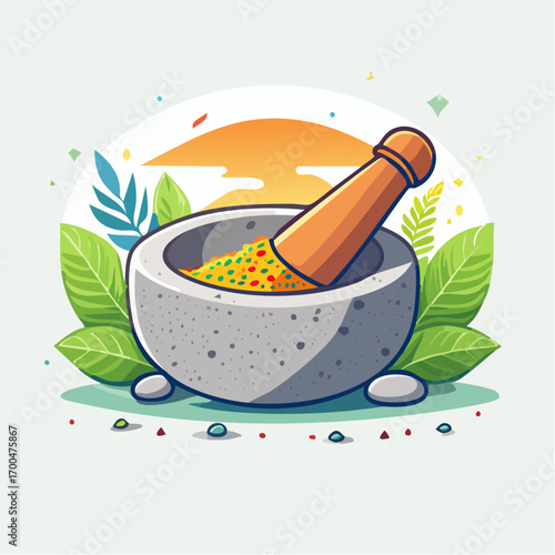 Stone Mortar And Pestle With Spices At Sunset