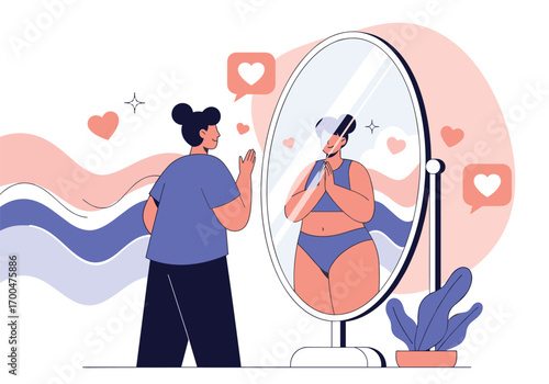 Embracing your true self beautiful confident woman admires her reflection in a mirror
