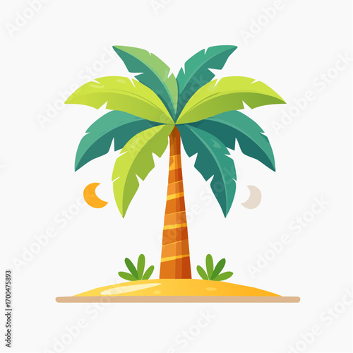 Tropical Palm Tree on a Small Sandy Island with Crescent Moons