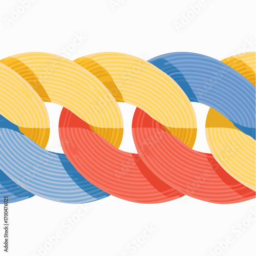 Interlocking Abstract Shapes in Red Blue and Gold on White Background