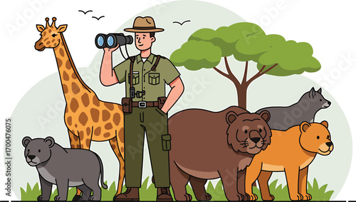 Wildlife ranger observing animals in nature with binoculars, conservation and zoology theme