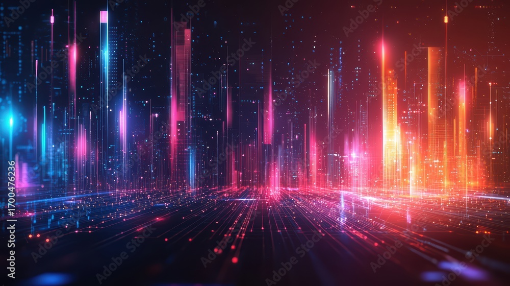 Fototapeta premium Vibrant digital technology abstract background featuring glowing lights, modern colors, futuristic data visualization, and dynamic energy design elements