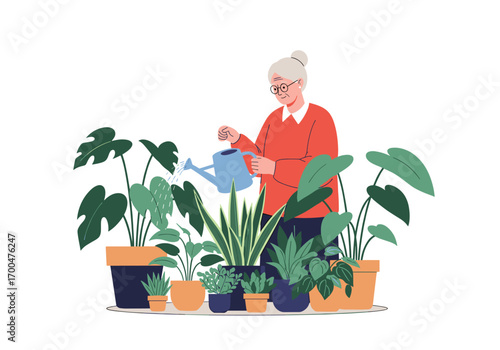 Elderly woman tending to her lush indoor plants with a watering can