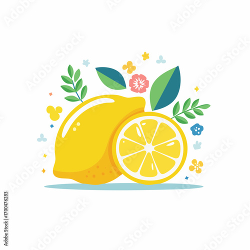 Pixel Art Lemon and Slice with Leaves and Flowers
