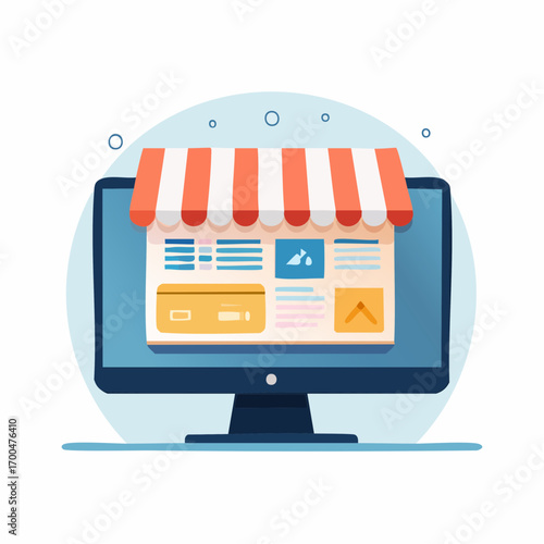 Online Shop on Computer Monitor with Red and White Awning