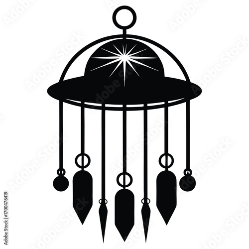 Black Silhouette of Hanging Mobile with Starburst Design and Ornamental Dangles Decoration