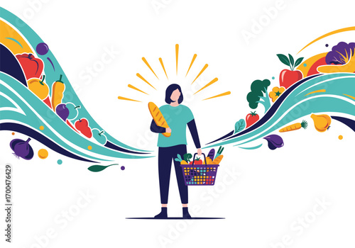 A person with groceries stands in the middle of a colorful illustration of fruits and vegetables
